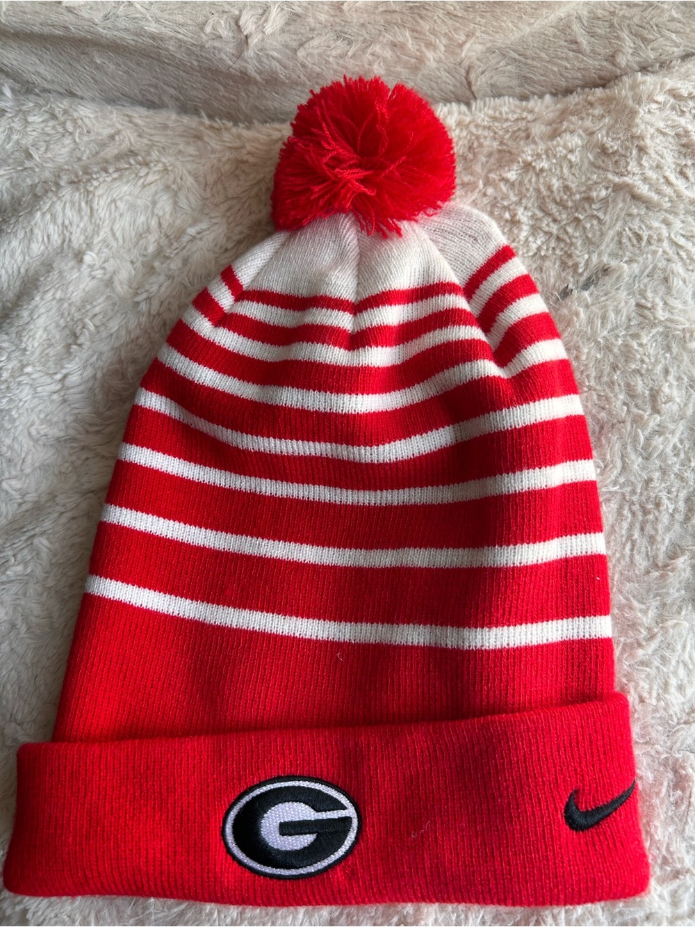 Nike Red and White Striped Pom Beanie with Team Emblems